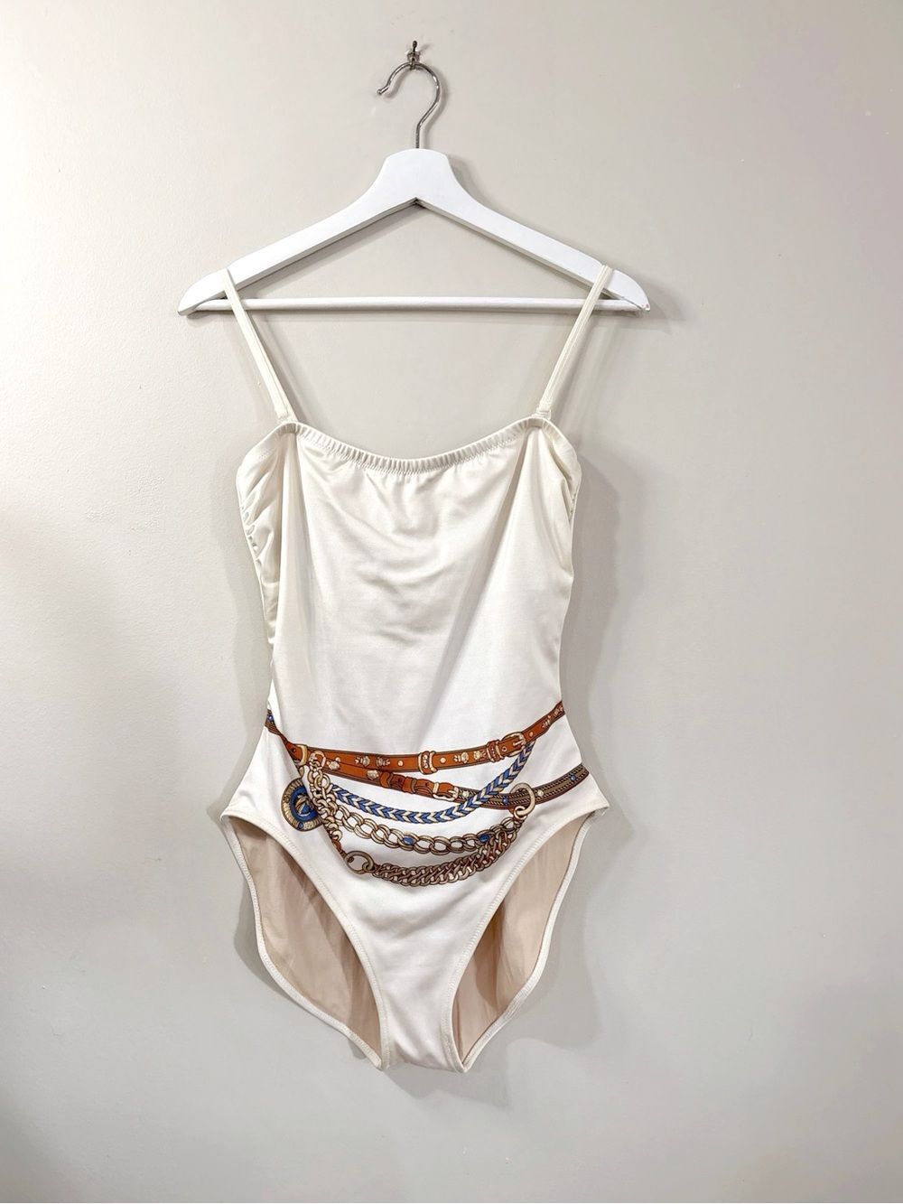 Gottex One Piece Swimsuit Women’s Sz 14 Ivory Shimmer Chain Print Resort Luxury
